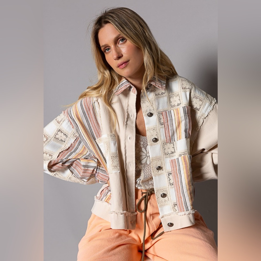 691. Colorblock Stripe Button Down Jacket In Crea… - image 2